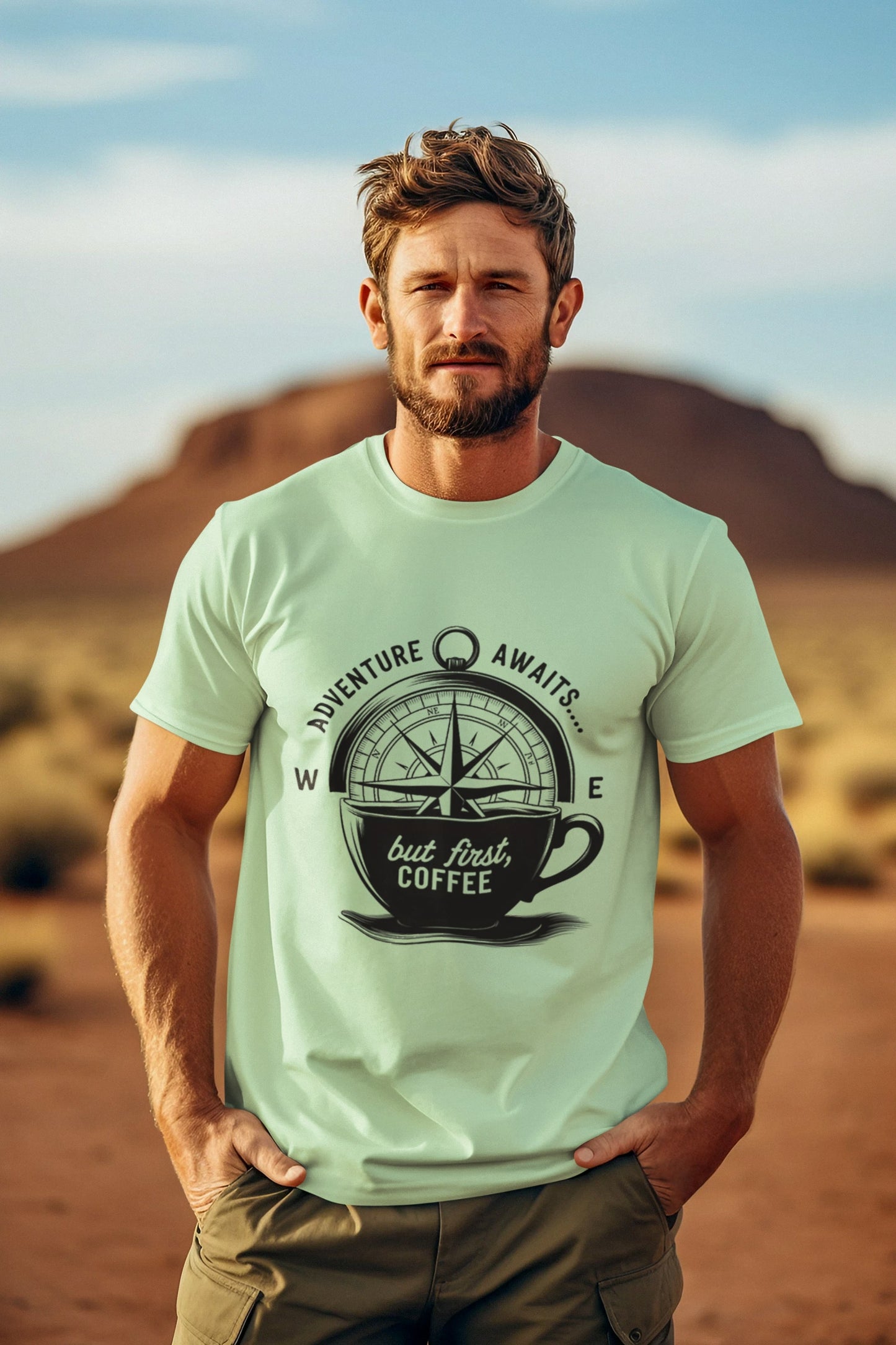 Adventure Awaits But First Coffee Half Sleeve Tshirt