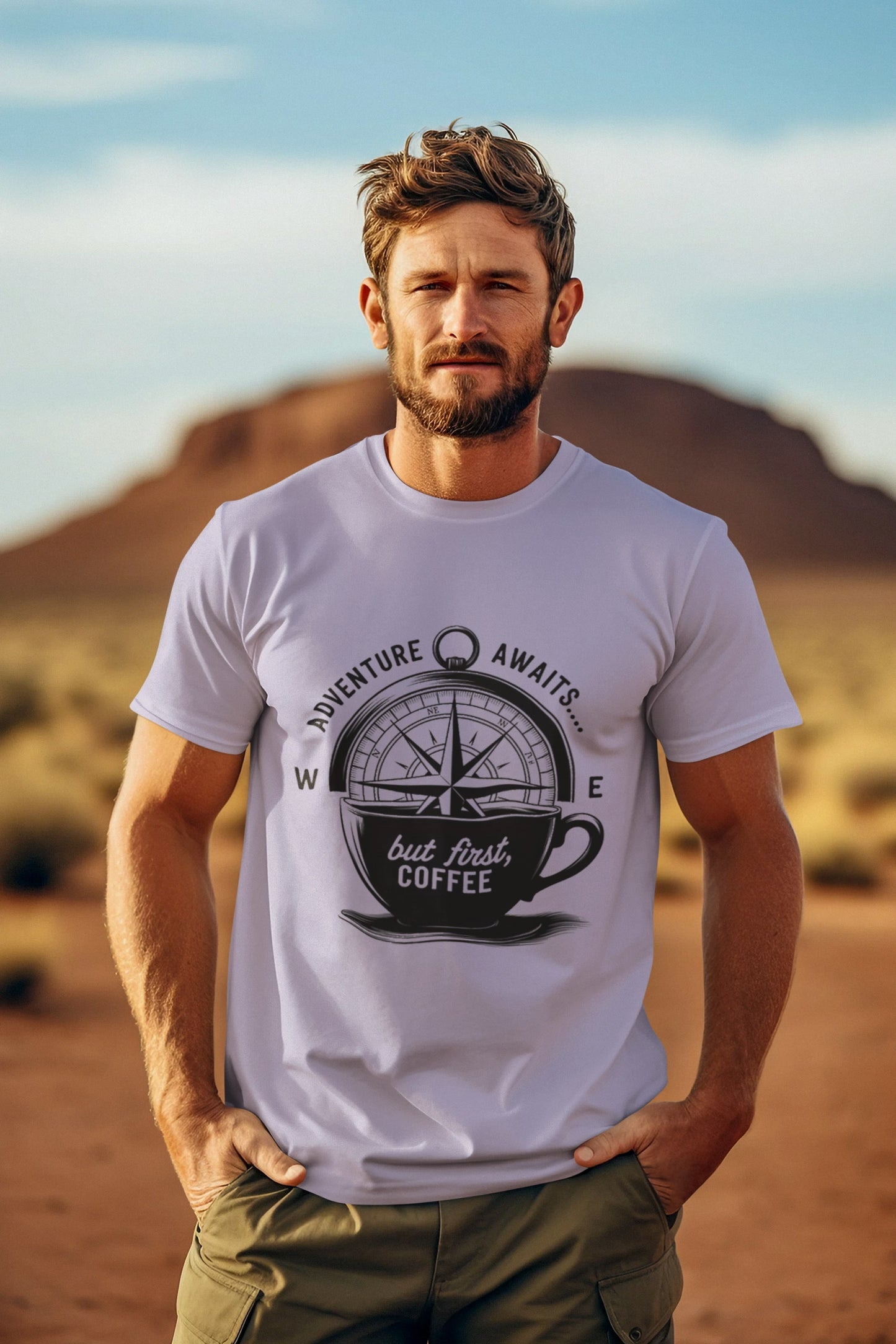 Adventure Awaits But First Coffee Half Sleeve Tshirt