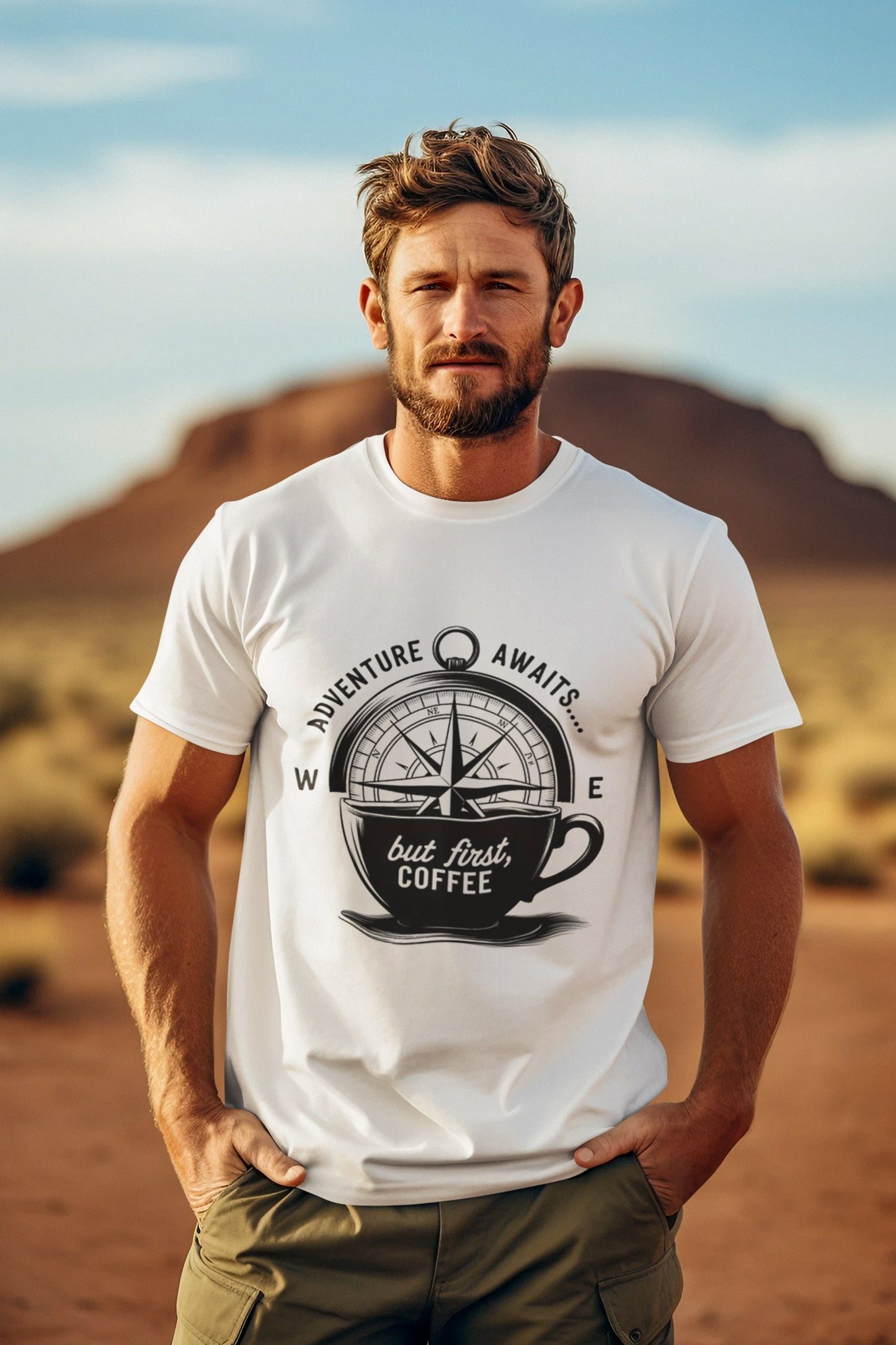 Adventure Awaits But First Coffee Half Sleeve Tshirt