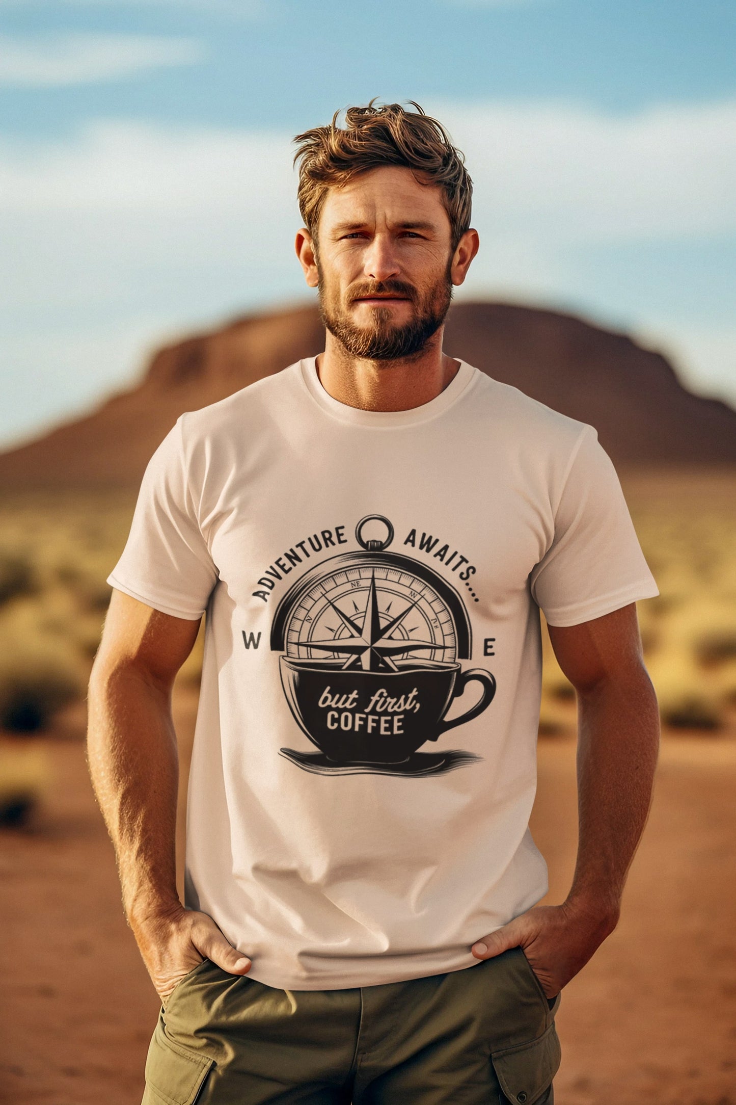 Adventure Awaits But First Coffee Half Sleeve Tshirt