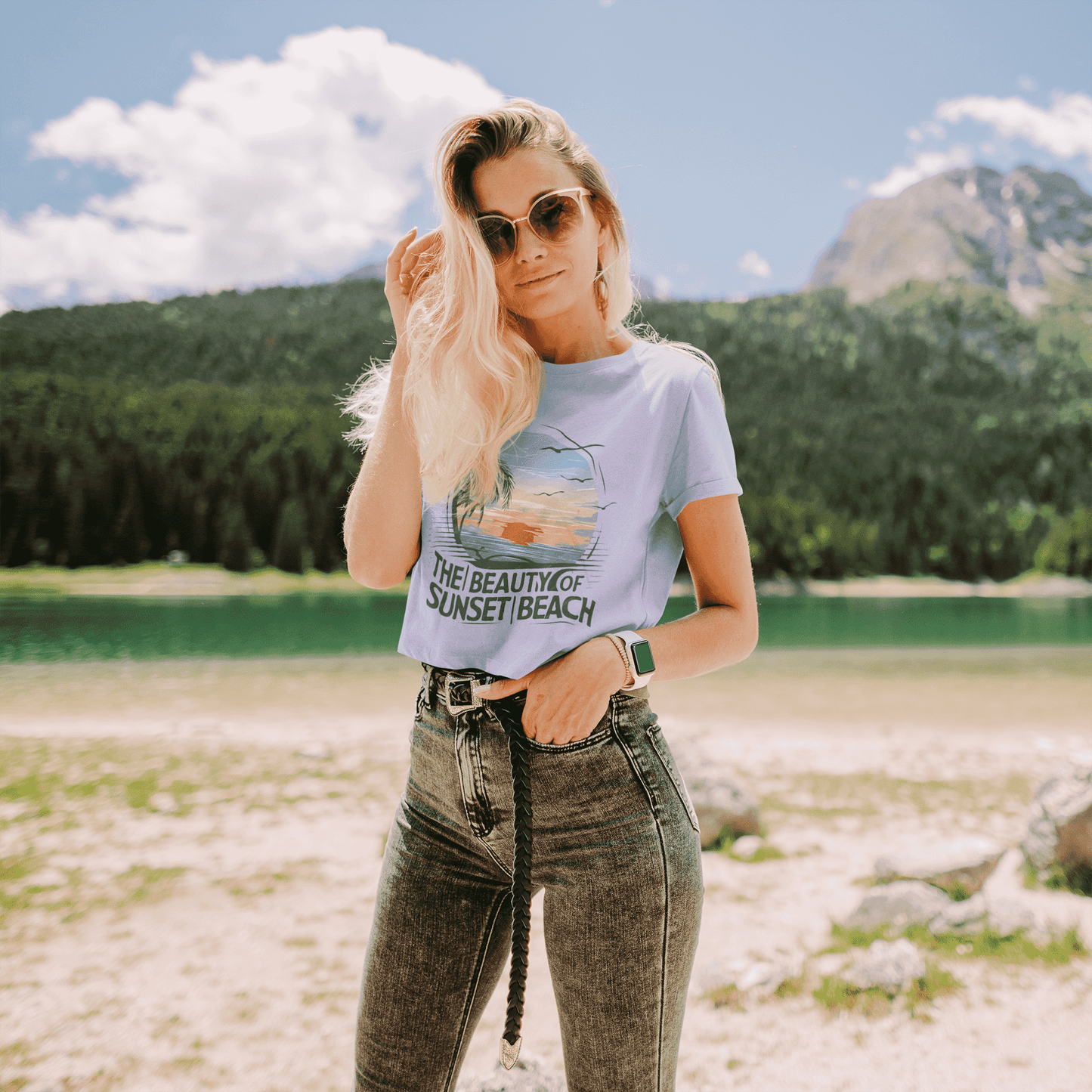 The Beauty of Sunset Beach Round Neck Crop Top For Women