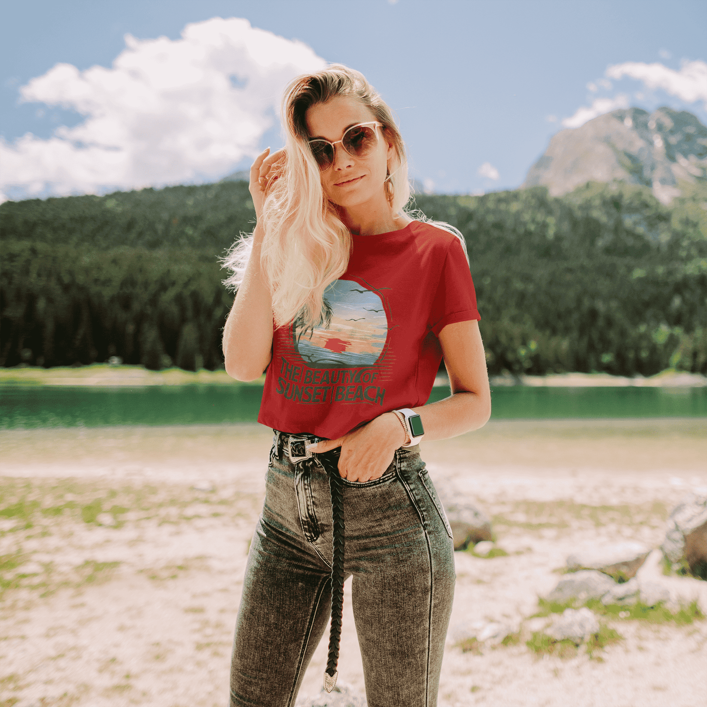 The Beauty of Sunset Beach Round Neck Crop Top For Women
