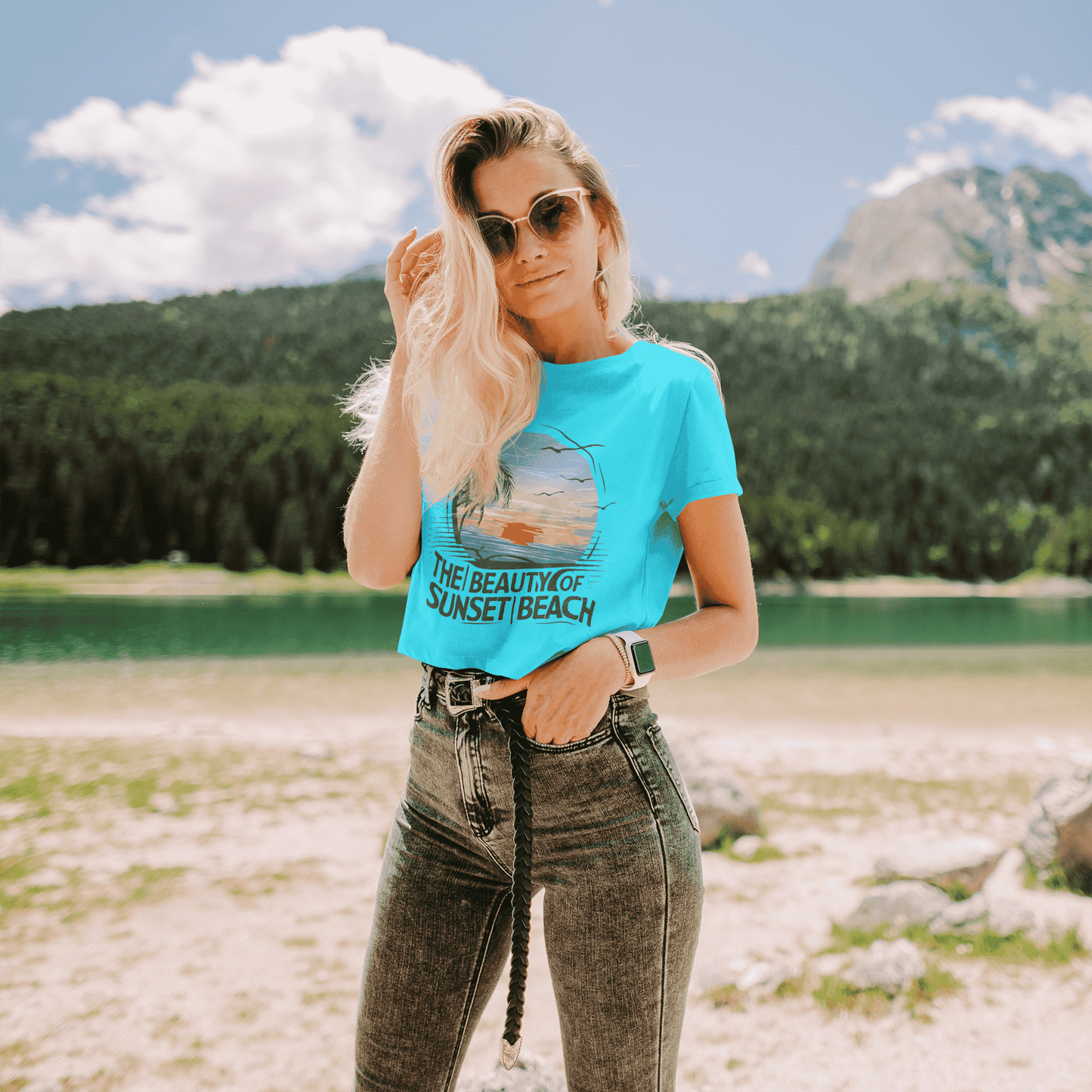 The Beauty of Sunset Beach Round Neck Crop Top For Women