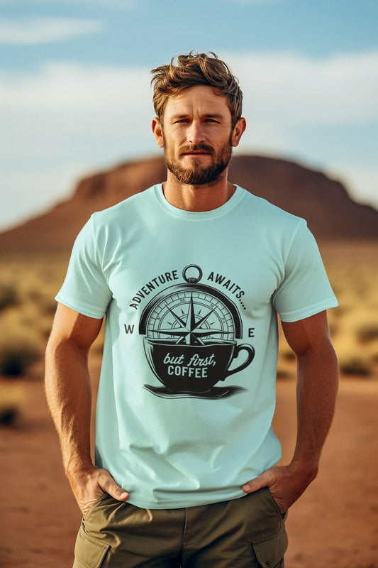 Adventure Awaits But First Coffee Half Sleeve Tshirt