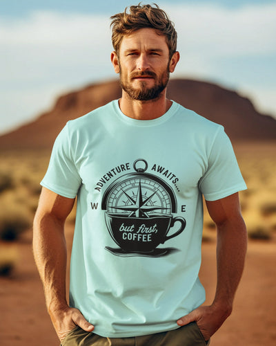 Adventure Awaits But First Coffee Half Sleeve Tshirt
