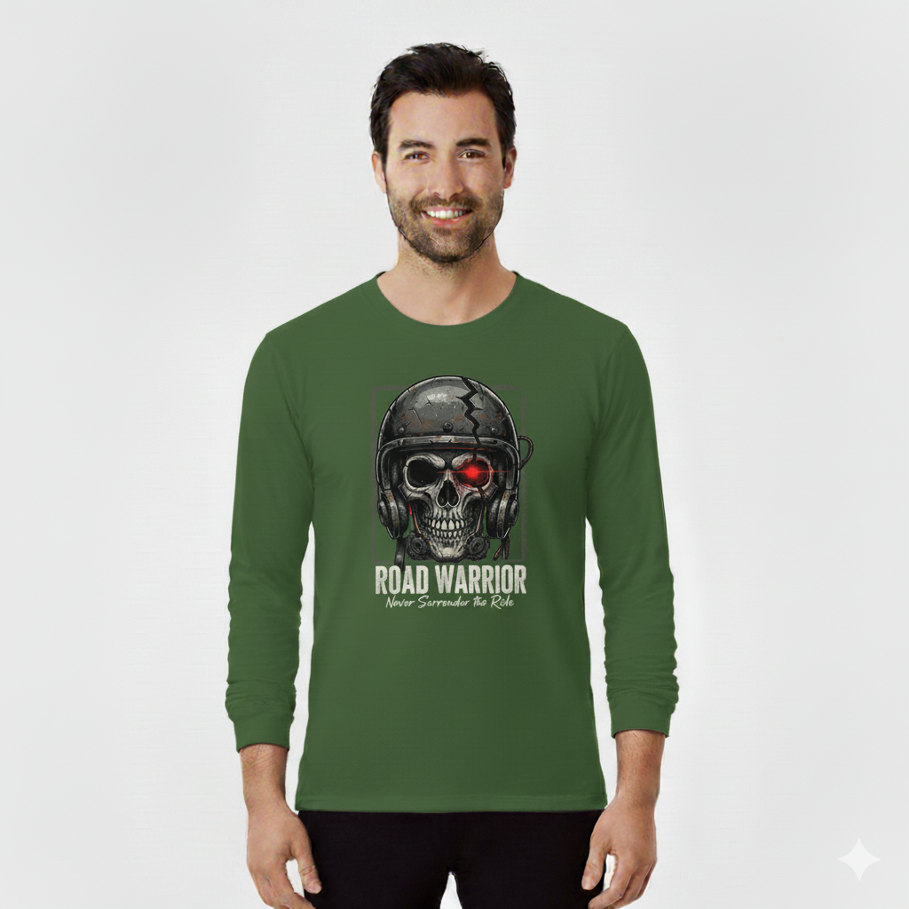 Man wearing a green long-sleeve shirt bottle green color with a skull graphic and text on a white background