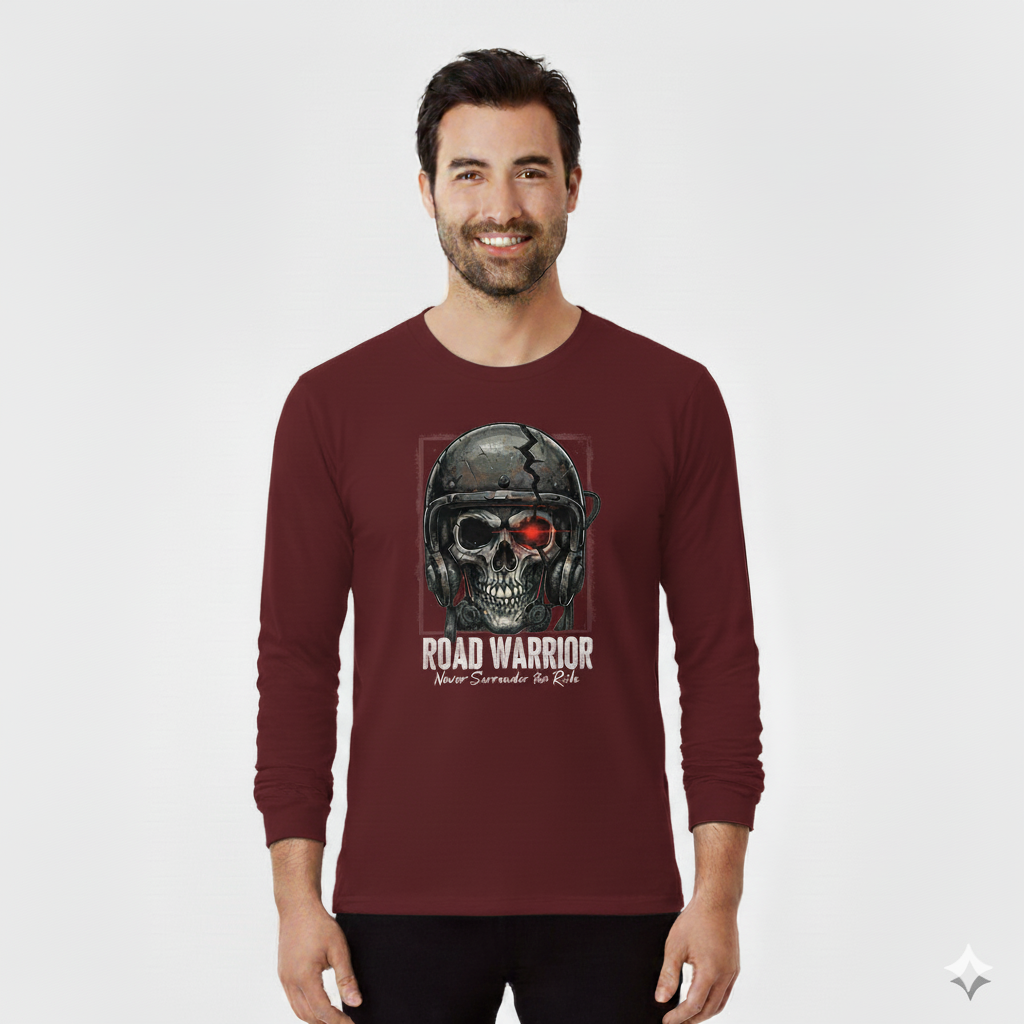 Man wearing a maroon long-sleeve shirt maroon color with a skull graphic and 'Road Warrior' text on a white background
