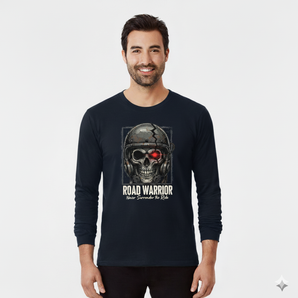 Man wearing a black long-sleeve shirt navy blue color with a skull graphic and 'Road Warrior' text on a white background