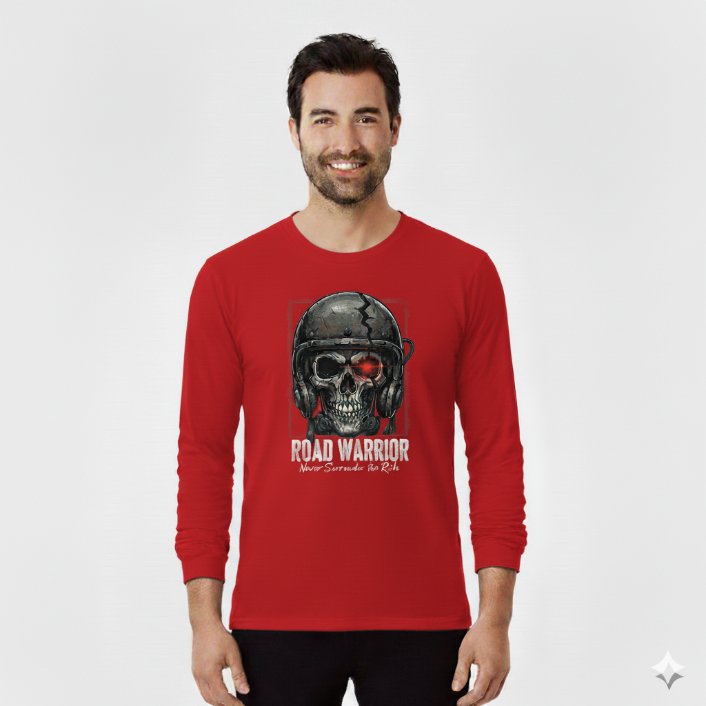 Man wearing a red long-sleeve shirt with a skull graphic and 'Road Warrior' text on a white background