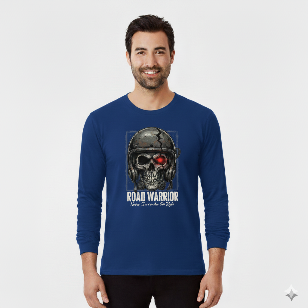 Man wearing long-sleeve shirt royal blue color with a skull graphic and text on a white background